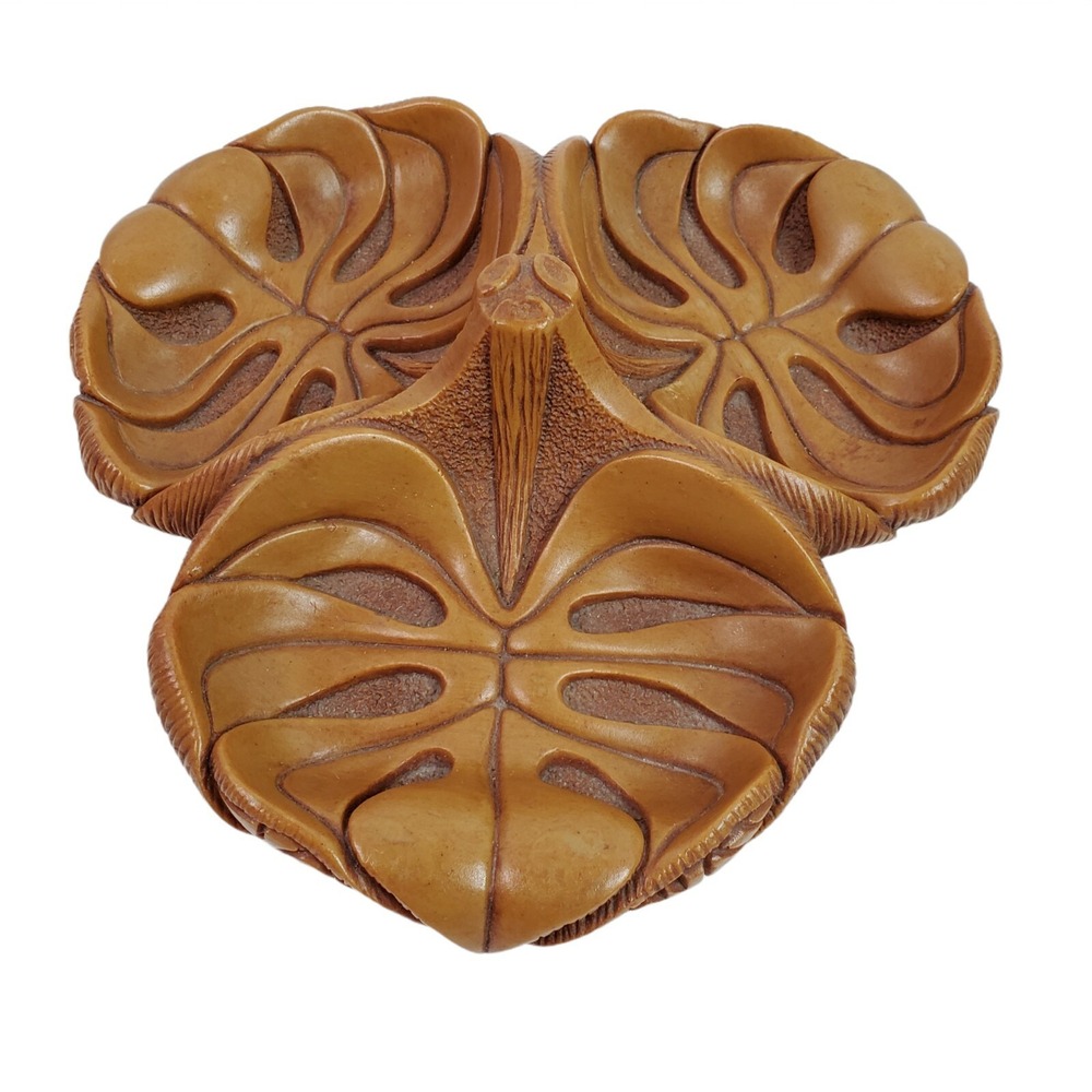 Vintage Coco Joe Hawaii Hapa-Wood Monstera Souvenir Divided Server Dish Nut Bowl
